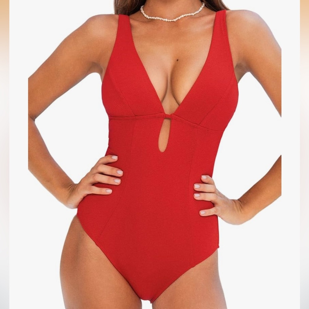 Red Deep V-Neck Cupshe Swimsuit